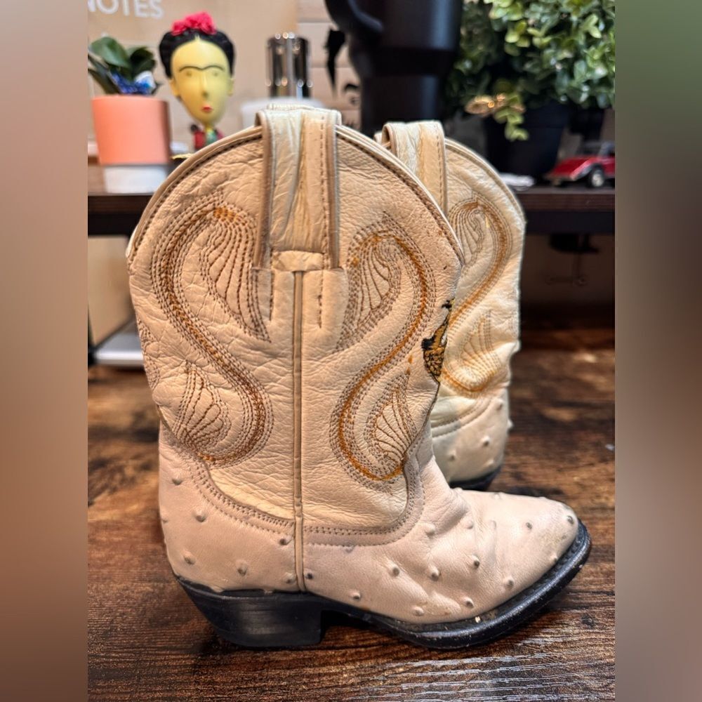 Donaldo Cream Ostrich Print Western Boots size 14.5 kids‎ Vintage